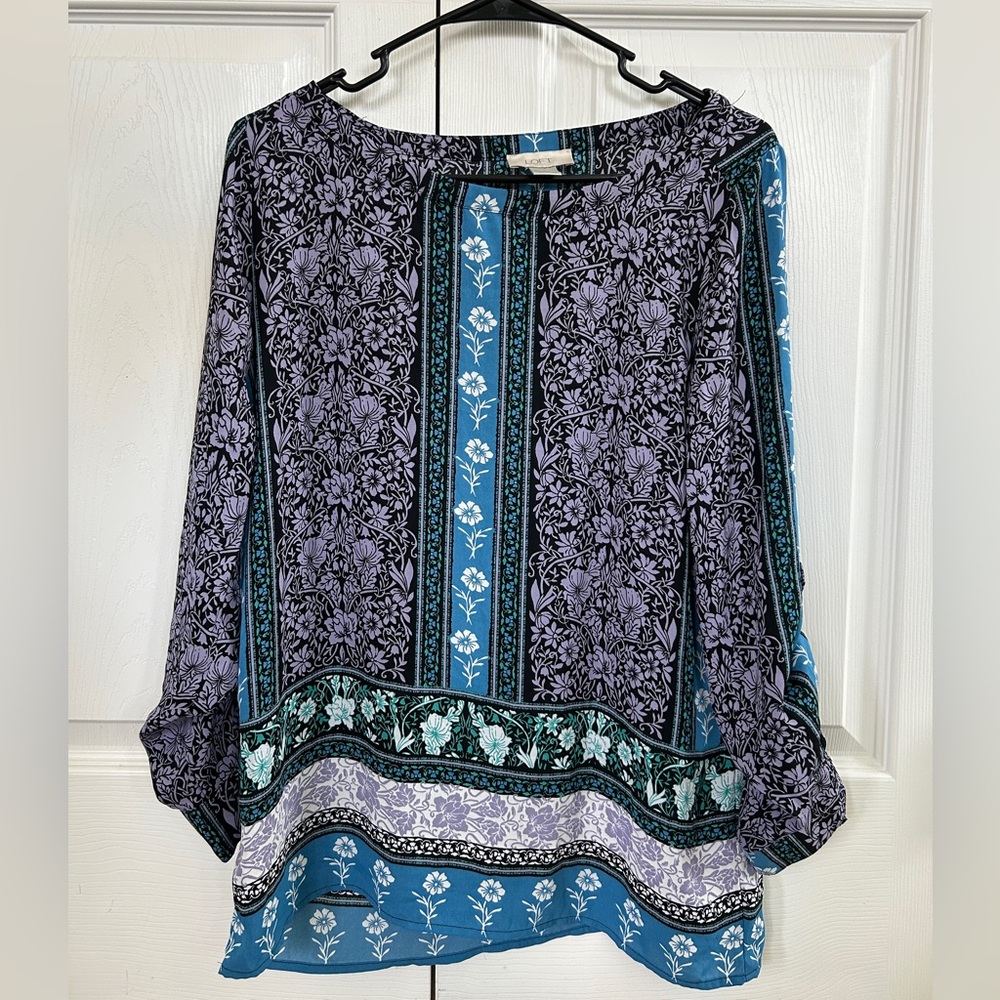 LOFT Women’s XS Purple, Blue, and Black Floral Long Sleeve Blouse
